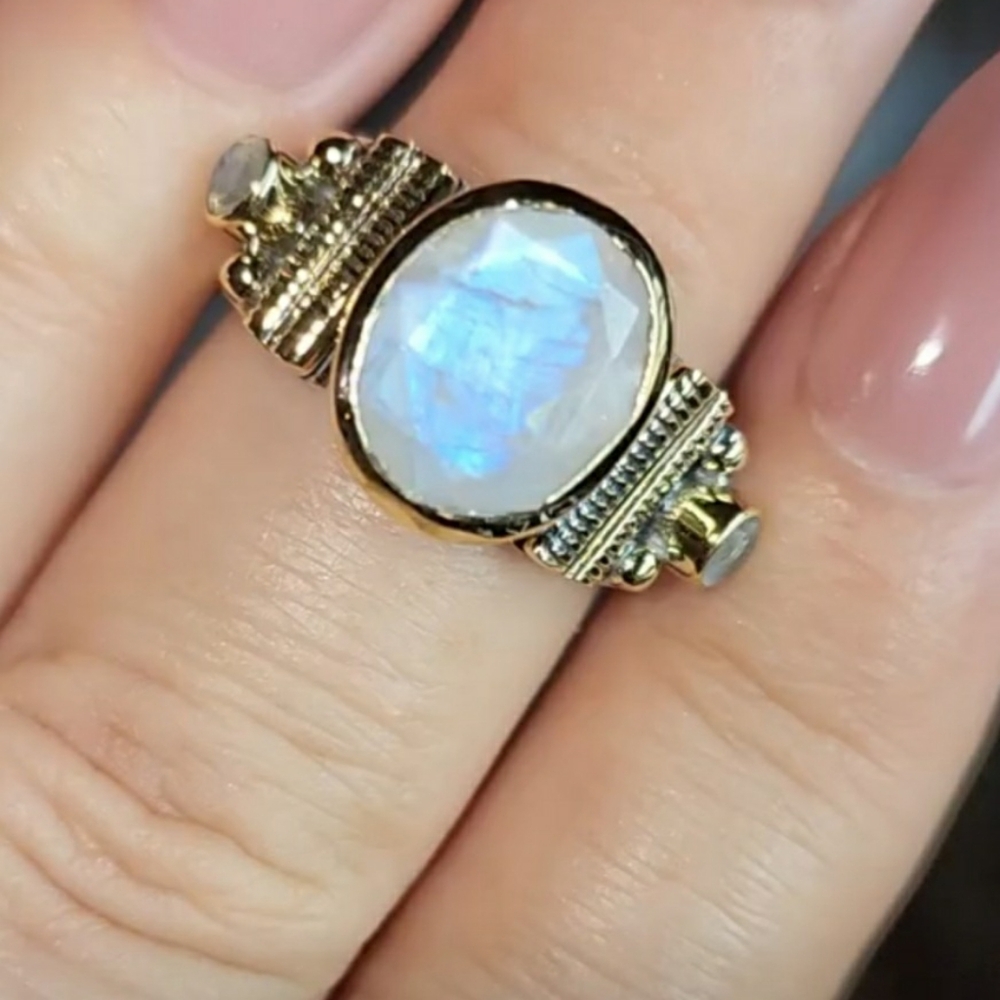 Rainbow Moonstone Ring ~ 925 Sterling Silver w/ Brass Accents - Picture 1 of 16